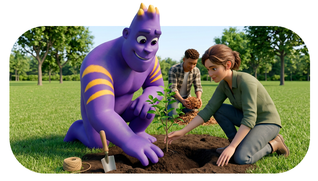 Mascote da Boon plantando uma árvore com duas pessoas