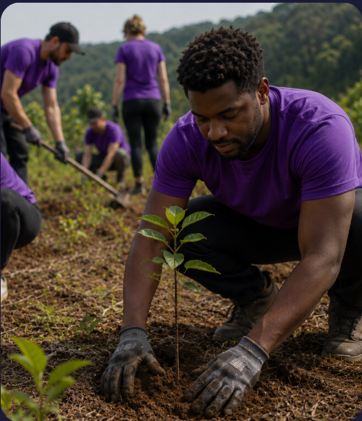 Voluntário plantando uma muda de árvore em área aberta