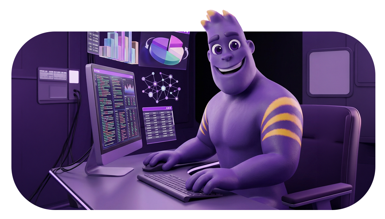 Mascote da Boon analisando dados de saúde no computador